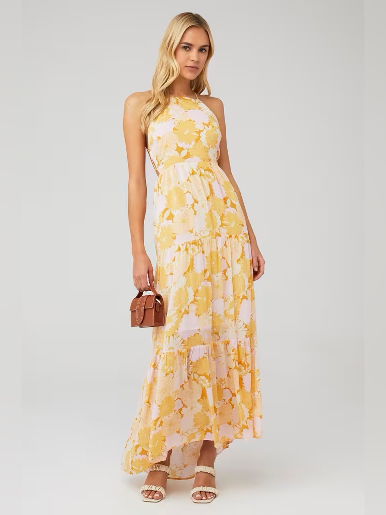 Mink Pink Backless Crisscross Floral Summer Dress Yellow And Pink Women's Small